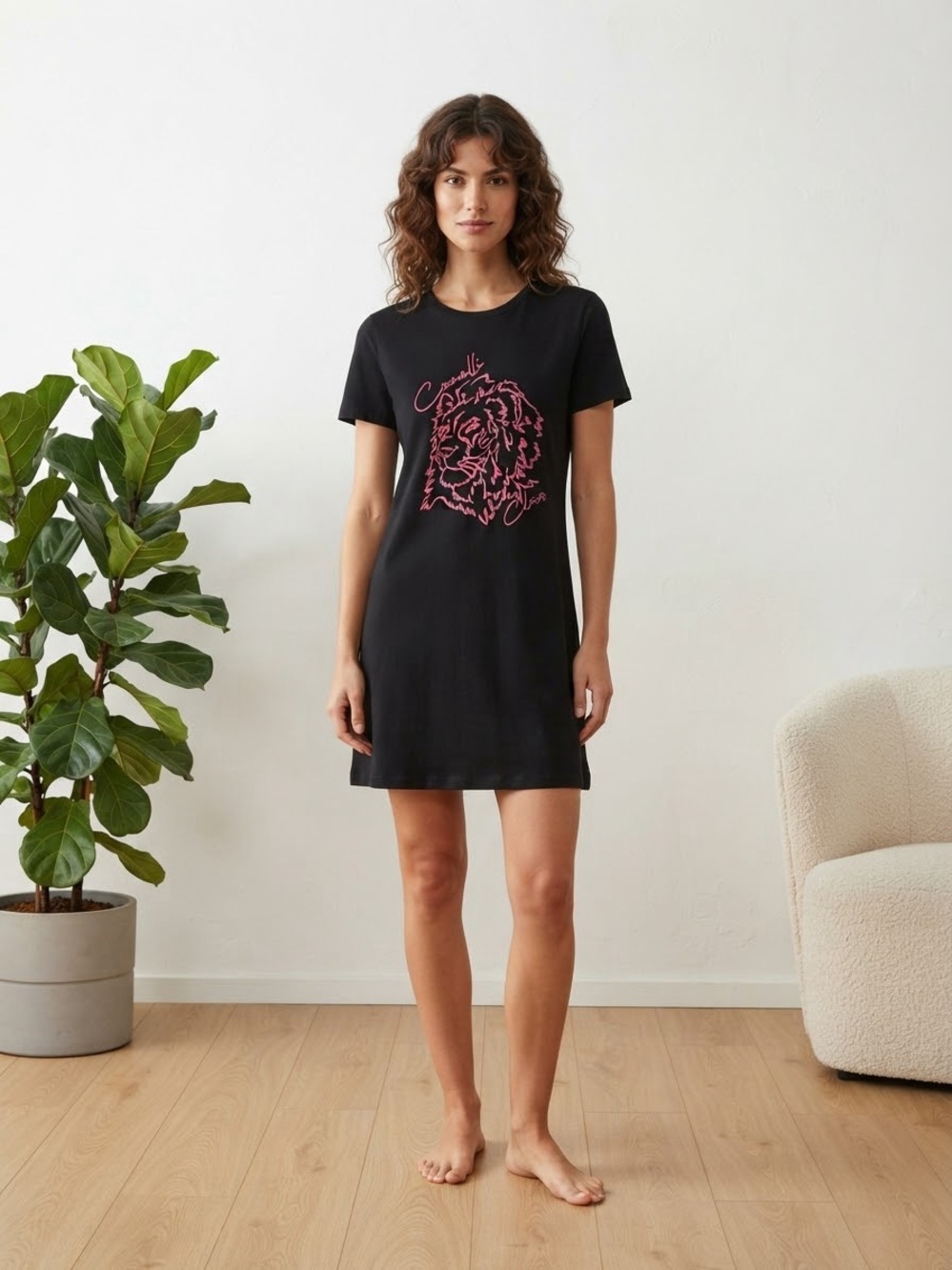 Cavalli Class Black Mini Dress with Pink Graphic